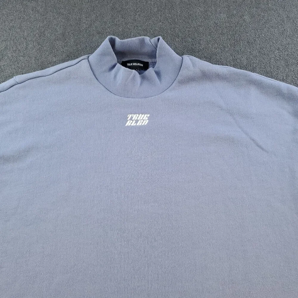 True Religion Mock Neck Oversized Shirt Mens Size Large Blue Fleece Lining